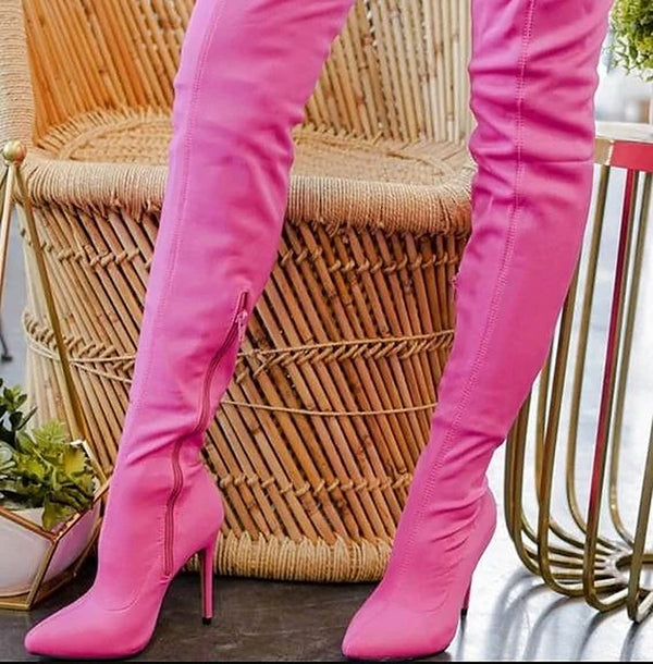 Pink Pointy Toe Stiletto Heel Boots Hibiscus-77