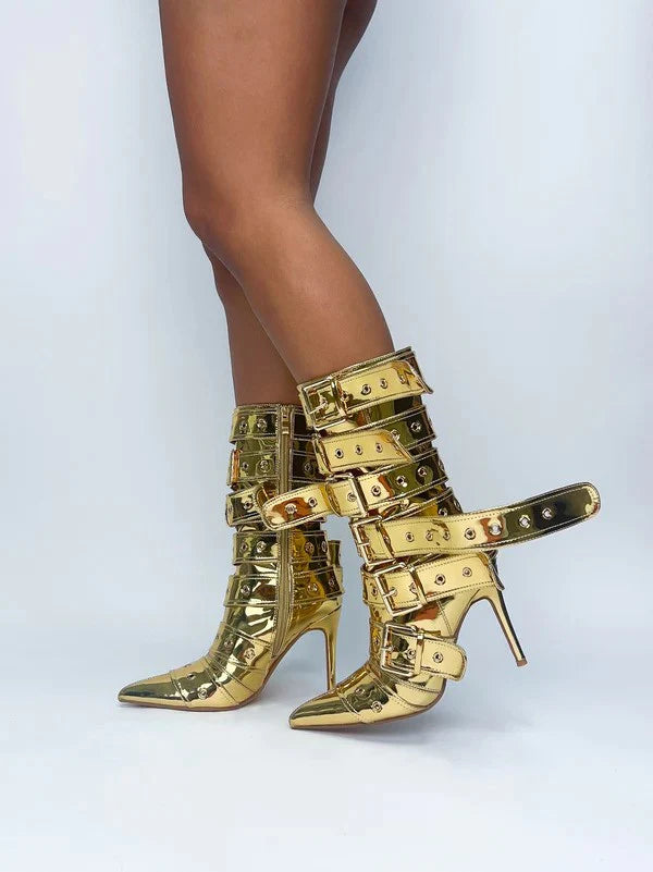 Sylas Extreme Gold Buckle Stiletto Heel Ankle Boot